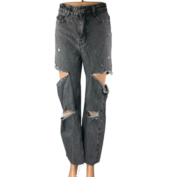 Zara Women's Black Washed Distressed High Waisted Straight Denim Jeans Size 2 - Picture 1 of 5